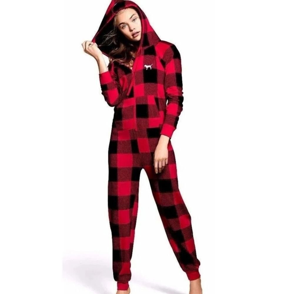 Victoria Secret PINK Med Red Buffalo Plaid Hooded Sherpa Long Jane One-Piece PJ
